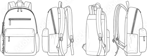 Backpack technical CAD drawing with front side and back views, zipper pockets straps details, cad drawing flat vector illustration