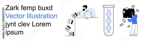 Risk prevention, genetics, financial analysis, scientific innovation, problem-solving, decision-making. A person blocks falling letters spelling RISK, DNA helix in a tube and financial symbols. Risk