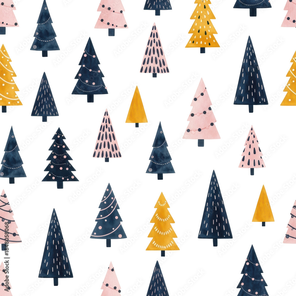 Obraz premium Abstract watercolor christmas trees organized in a dense repeating seamless pattern, featuring navy blue, blush pink, and mustard yellow on crisp white. Sophisticated modern holiday atmosphere