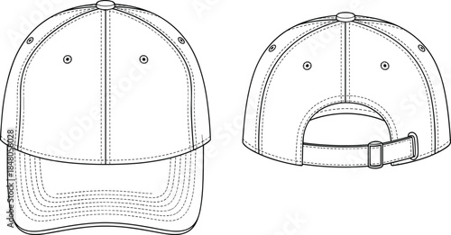Baseball cap technical CAD drawing showing front and back views with stitching details, adjustable strap, flat vector illustration for apparel design