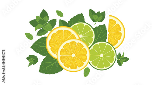 Fresh citrus slices of lemon and lime are beautifully arranged with vibrant green mint leaves, creating a refreshing and summery composition.