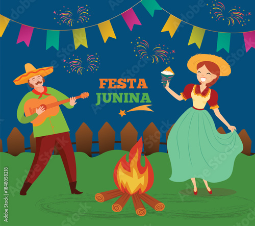 Festa Junina Celebration Scene – Traditional Brazilian June Festival with Bonfire, Music, and Dancing
