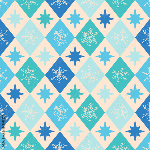 Argyle plaid Christmas snowflake stars grid diamond rhomb seamless pattern Fabric wrapping wallpaper