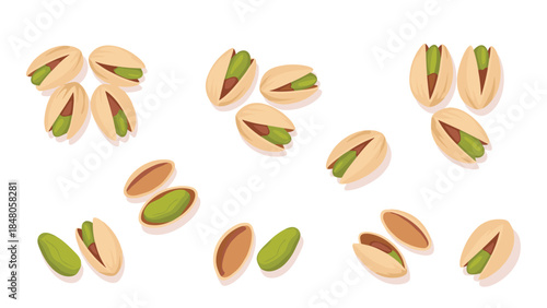 A colorful assortment of pistachios, both in shell and shelled, are displayed against a clean white background.
