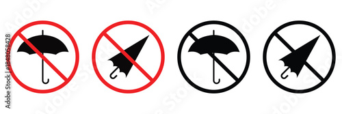 Prohibition Symbol No Umbrella: Red Warning Circle Icon Vector. Flat Style Forbidden Umbrella 
Sign Isolated for Public Places and Safety Instructions.