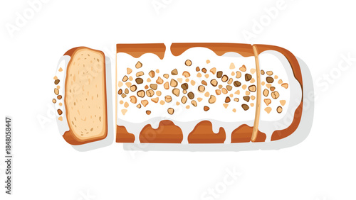 Delicious loaf of bread with creamy white frosting and scattered brown nut toppings is presented from a top-down perspective.
