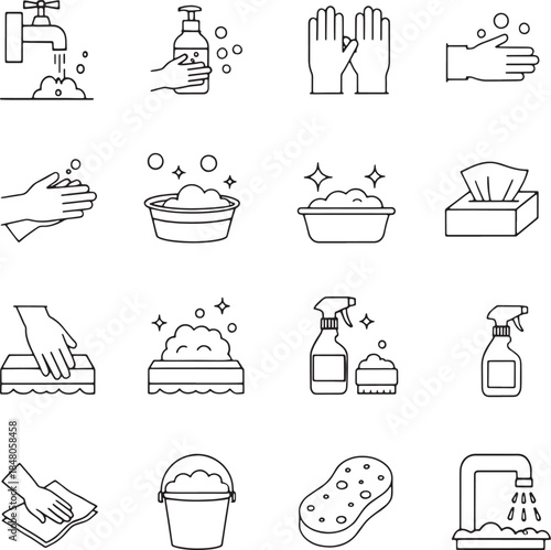 Set of cleaning and hygiene icons hand washing, soap, gloves, sponge, and spray bottles