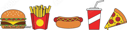 Flat illustration collection of 5 fast food items burger french fries box soda cup hot dog and pizza slice