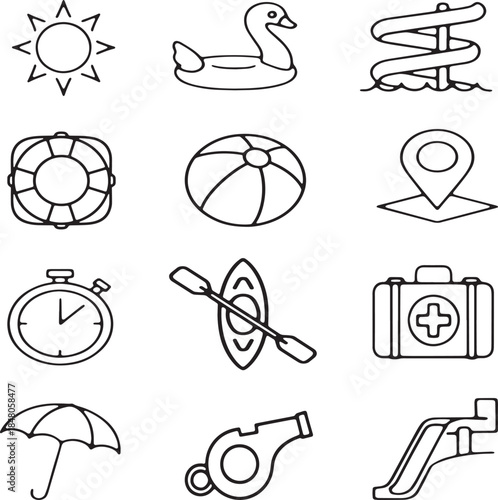 Set of 12 summer vacation and water activity line art icons
