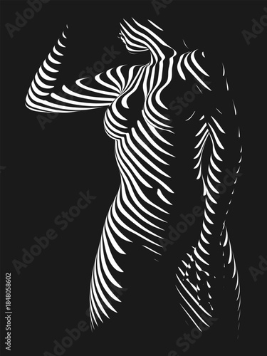 Minimalist black and white abstract art of feminine curves in projector light. Soft flowing lines shaping the beautiful woman body form. Elegant line art of female sensual figure. Vector illustration