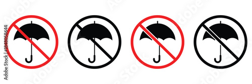 Prohibition Symbol No Umbrella: Red Warning Circle Icon Vector. Flat Style Forbidden Umbrella 
Sign Isolated for Public Places and Safety Instructions.