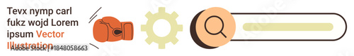Problem-solving, strategy, decision-making, exploration, innovation, research. Boxing glove, gear and search bar icons . Problem-solving and strategy concepts for innovative solutions