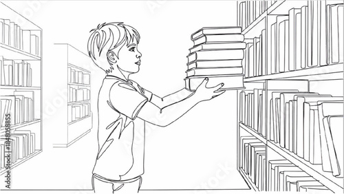 High-quality black continuous line art of a school-age child organizing books in a library, kids education, reading space, minimalistic illustration