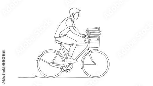 High-quality black continuous line art of a teenager delivering newspapers on a bicycle, youth part-time job, urban morning routine, minimalistic illustration