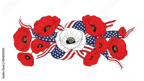Vibrant red poppies and a white bloom are intertwined with a patriotic ribbon representing the american flag