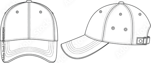 Baseball cap technical CAD drawing with front and side views, curved brim eyelets adjustable strap, cad drawing flat vector illustration