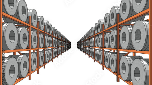 Rows of metal coils are neatly stacked on industrial shelving within a large warehouse storage facility.