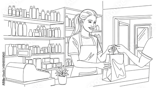 High-quality black continuous line art of a teenager helping in a family shop behind the counter, youth part-time work, small business, minimalistic illustration