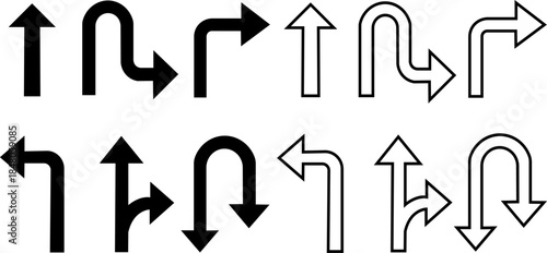 Set of Arrows and Curved Lines in Various Directions