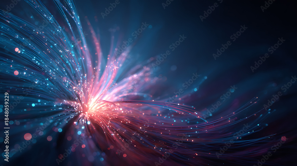 Naklejka premium Glowing strands of light emanating from a central point abstract fibers