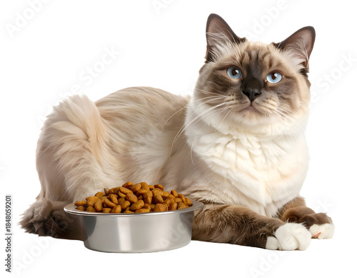 A Siamese cat with blue eyes lying next to a bowl of dry cat food on a transparent background