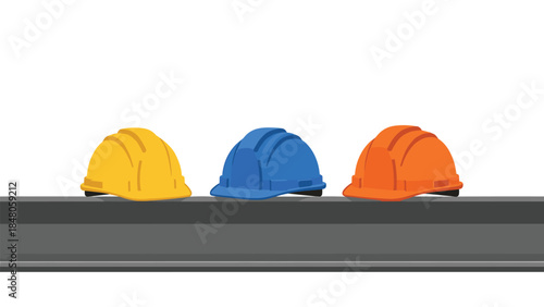 Colorful construction helmets sit in a row on a dark gray ledge against a white background, representing workplace safety.