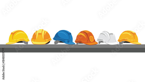 Colorful construction helmets line a gray surface, representing workplace safety and various trades in a modern illustration.