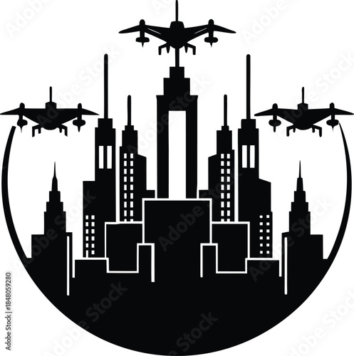  Futuristic city skyline with flying drones silhouette illustration