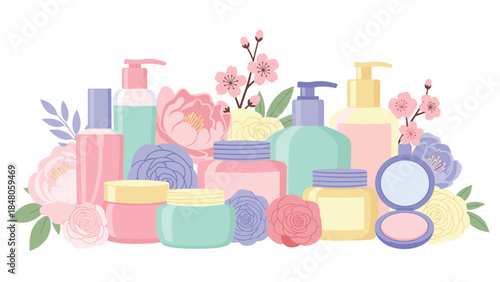 Colorful assortment of skincare and cosmetic products arranged with delicate floral accents, creating a vibrant and appealing beauty display.
