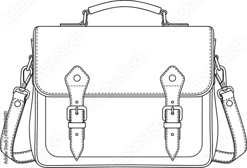 Classic leather briefcase outline illustration with handle shoulder strap and buckle details isolated professional business bag technical line art vector