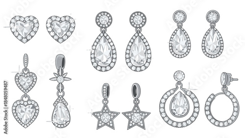 Elegant collection of sparkling diamond earrings in various shapes and designs, perfect for adding glamour to any outfit.