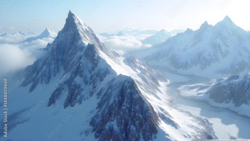 Fototapeta premium Jagged Mountain Summit with Frozen Cliffs and Winter Valley Below