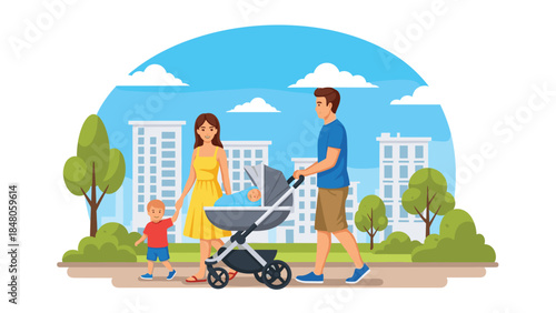 Happy young parents are strolling with their baby in a stroller and toddler son in a city park on a sunny day.