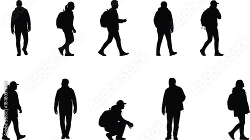Black Silhouette Set of People with Backpacks Walking and Standing Isolated on White Background Vector Illustration for Travel and Commuter Design