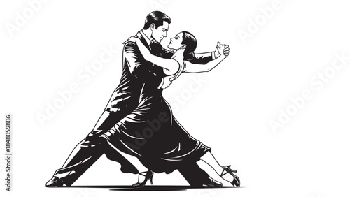 Elegant couple dancing a tango in a black silhouette.