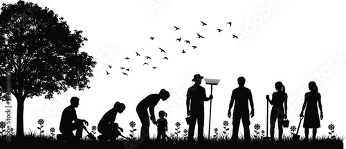 Community gardening silhouettes showing people planting trees and flowers together, environmental care, teamwork, sustainability, and nature conservation lifestyle illustration