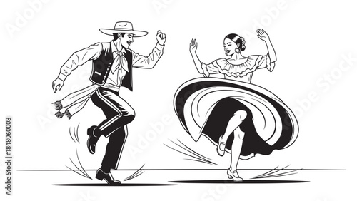 Black and white illustration of a dancing couple performing a lively tango.