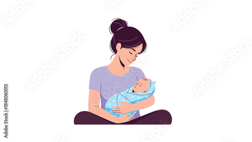 A loving mother gently cradles her newborn baby, sharing a tender moment of connection and peaceful serenity.