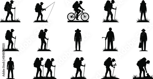 Collection of outdoor adventure silhouettes featuring hikers, backpackers, cyclists and campers in nature, ideal for trekking, hiking, travel and exploration concepts