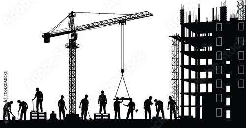 Construction site silhouette illustration with workers, tower crane, and unfinished building, representing teamwork, urban development, engineering, and industrial construction progress