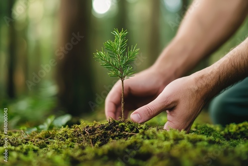 Person hands carefully planting a small evergreen tree seedling into moss covered forest ground, symbolizing growth and renewal