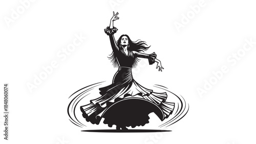 Graceful silhouette of a dancer swirling in a flowing skirt during a dramatic stage performance.
