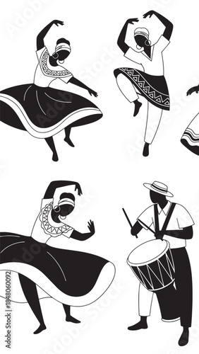 Black and white illustration of four dancers performing traditional folk dance in coordinated movements.