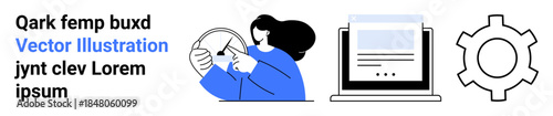 Person examining chart, website interface on laptop, gear for settings or process. Ideal for tech, data analysis, business development, workflow, education, strategy simple landing page
