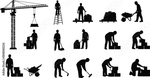 Construction worker silhouette collection featuring crane operations, brick laying, lifting, carrying materials, and manual labor tasks in industrial building sites