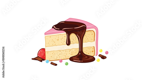 Delicious slice of layered cake with rich chocolate drizzle and colorful sprinkles looks incredibly tempting and sweet.