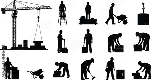 Construction worker silhouettes with crane, tools, and building tasks, illustrating industrial labor, construction site activities, and workforce concept set