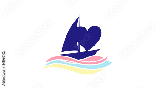 Stylized silhouette of a sailing boat with a heart-shaped sail on colorful waves representing