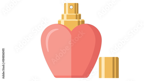 Stylized perfume bottle shaped like a heart with gold accents and spray nozzle