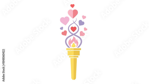 Stylized torch with heart-shaped flames and love symbols in a modern minimalistic design